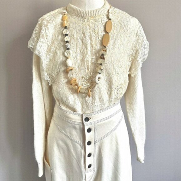 Vintage 80s Ivory Silk Angora Lace Pearl Bib Victorian Sweater - Small - Picture 2 of 9